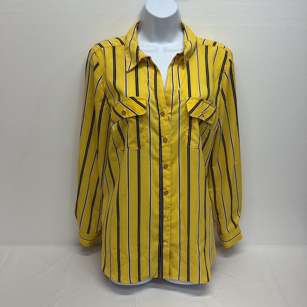Adrienne Vittadini Yellow Black 3/4 or long Sleeve Button Down Shirt Large top